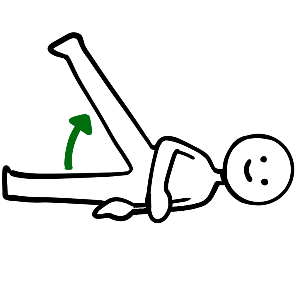 横向きに寝た状態で足を上にあげる練習(ヒップアブダクション)をしている人のイラストです。無料フリーイラスト素材なので誰でも使えます。介護予防やロコモ体操に最適です。